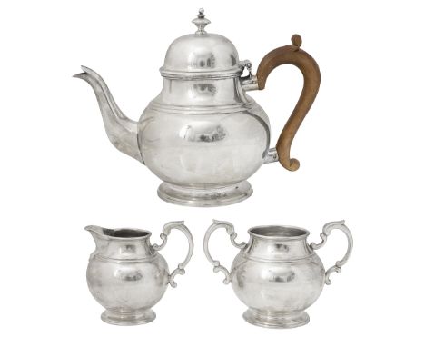 A George V and later matched three piece silver bachelors tea service the teapot London, 1911, Pairpoint Brothers, of plain c