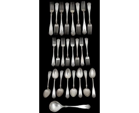 Norwegian .830 silver flatware stamped 830 G Hellstrom &amp; Co. c.1920planished handles with stylised rose terminals, compri