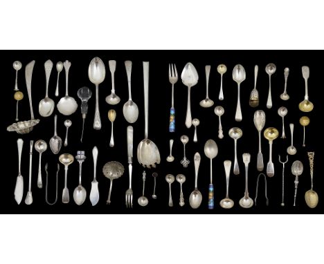 A collection of silver spoons and serving utensilsvarious dates, makersto include a Korean silver spoon and fork with cloison