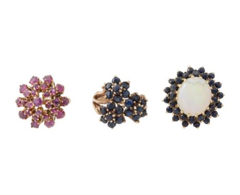 A ruby cluster ring stamped '18k' together with an opal and sapphire 9ct gold clustering, stamped '9.375' with hallmarks and 