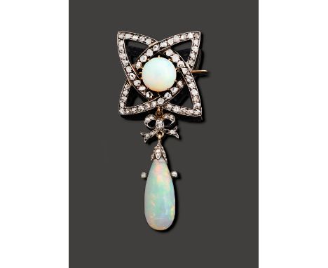 A late 19th/early 20th century opal and diamond-set pendant brooch the brooch designed as an openwork four pointed old-cut  d