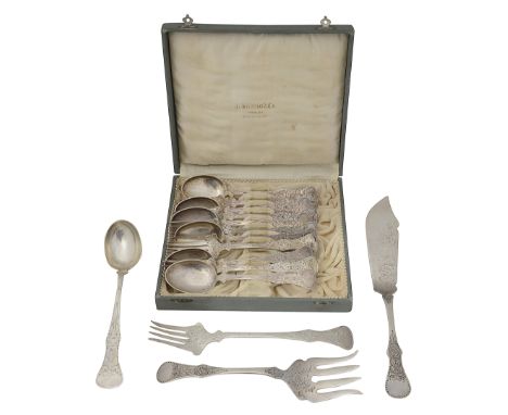 A cased set of six Norwegian .830 silver dessert spoons and forks and serving utensilsfirst stamped G Hellstrom, with foliate