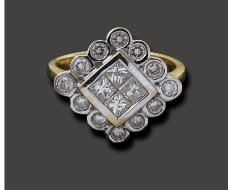 A diamond-set cluster ringthe central square collet pavé-set with four princess-cut diamonds above a surround of twelve brill