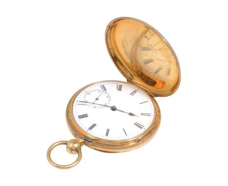 A mid 19th century 18ct gold full hunter pocket watch white enamel dial with black Roman numerals, minute track, subsidiary s