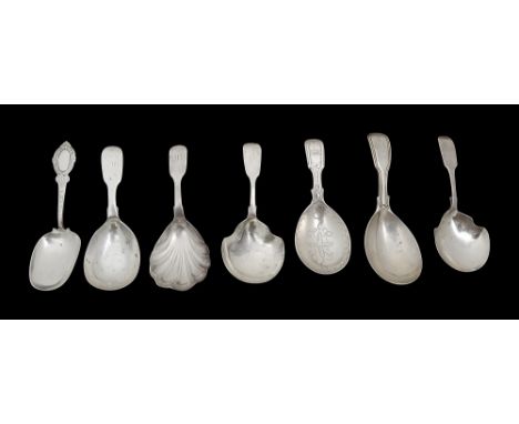 Seven Victorian silver caddy spoonsvarious dates, makers marks,to include: two plain fiddle pattern spoons with shovel shaped