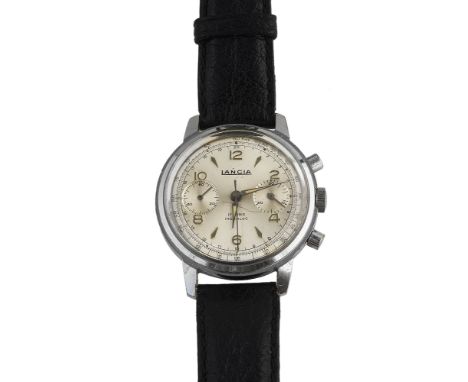 A gentleman's 1960's Lancia chronograph wristwatchcircular silvered dial with raised silvered Arabic numerals, tachmetre scal