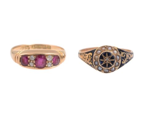 A late Victorian ruby and diamond-set ringthe three cushion-shaped rubies separated by two old-cut diamonds within the 18ct y