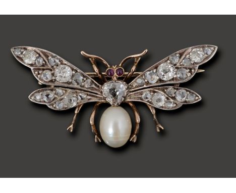 A mid Victorian pearl and diamond-set insect broochthe bee's cabochon ruby eyes, triangular old brilliant-cut diamond thorax,