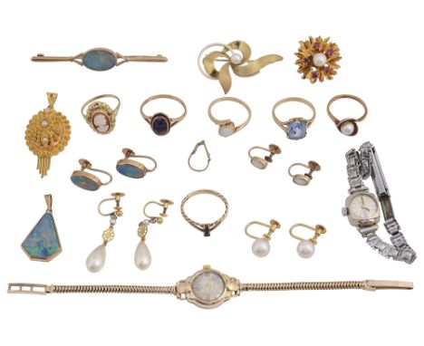 A collection of lady's rings, brooches, earrings, watches etc..9ct gold and blue john set ring, stamped with Birmingham hallm