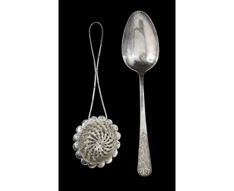 A Chinese export silver tablespoon and a tea strainerfirst stamped Wh for Wang Hing &amp; Co 90, the terminal cast with bambo