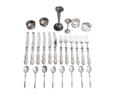 A group of silver itemsto include a set of eight American sterling silver apostle type teaspoons, stamped, 'STR SILVER', two 