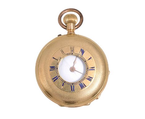 A late 19th century Swiss lady's 18K half hunter keyless pocket watchcircular white enamel dial with black Roman numerals, mi