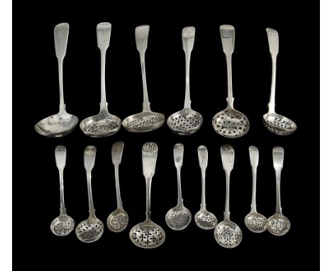 A collection of mostly George III/IV silver fiddle pattern sifter spoonsmostly London, various dates makers mostly initialled