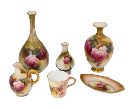 Royal Worcester blush ivory vases and other itemscomprising a Hadleys bottle vase decorated by Kitty Blake with roses, shape 