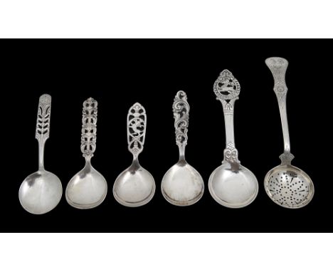 Five Norwegian .830 silver caddy spoons, a sifter spoon and another spoonNorwegian marksto include a David Anderson floriform