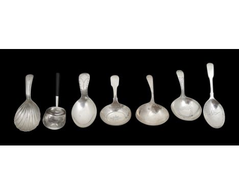 Seven George III/IV silver caddy spoonsvarious dates makers marksto include: a bright cut spoon with round bowl bearing a vac