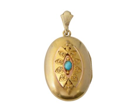 A mid 19th century yellow gold and turquoise pendantthe front of the oval hinged locket  applied with a navette plaque with t