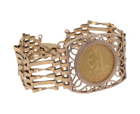 A 9ct gold full sovereign six bar gate bracelet central open-work panel with a Victoria full sovereign, 1892, crowned head fa