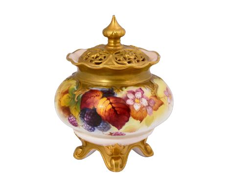 A Royal Worcester blush ivory pot pourri vase and cover pained by Kitty Blake shape 261, of lobed bulbous form, painted with 