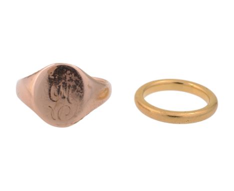 22ct wedding bandstamped '22' with Birmingham hallmarks together with a 9ct gold signet ring, stamped '9.375' with Birmingham