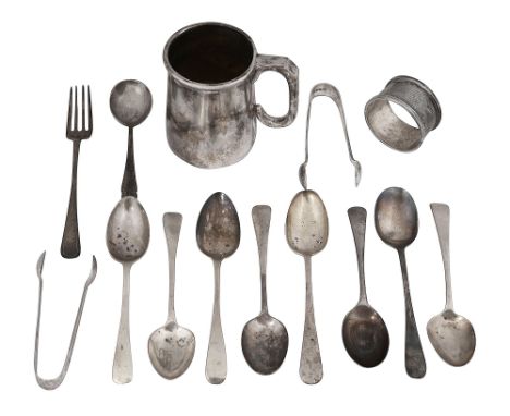 A George V silver mug and assorted teaspoons and other silverfirst Birmingham, 1926, Syner &amp; Beddoes, of plain tapering f