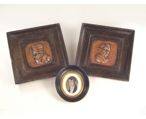 MINIATURE PORTRAIT ETC. A 19th century hand painted, miniature portrait of a gentleman & two repousse copper plaques, Dickens