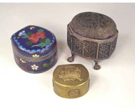 BOXES. A cloisonne trinket box, a Victorian metal trinket box with pin cushion lid & one other box.