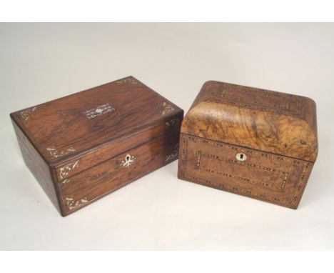 CADDY ETC. A Victorian Tunbridge Ware tea caddy & a Victorian mother of pearl inlaid sewing box.