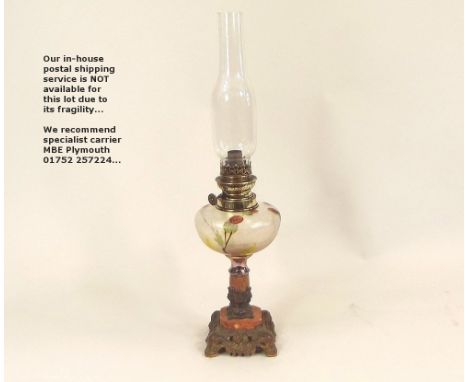 OIL LAMP. A 19th century oil lamp with painted glass fount & a metal mounted marble column. Height 51cm.