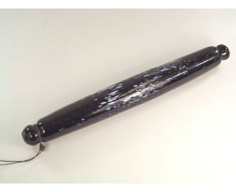 ROLLING PIN. A dark blue with white inclusions glass rolling pin. Length 37.5cm.