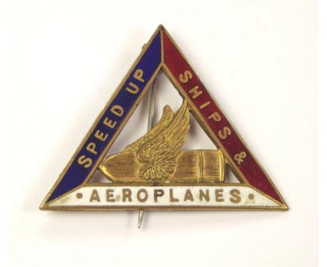 WWI MUNITIONS BADGE.A WWI women's munitions workers brass & enamel badge 'Speed Up Ships & Aeroplanes'. To reverse 'Did Her B