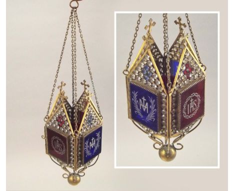 SANCTUARY LAMP. A late Victorian brass & coloured glass sanctuary lamp, 23cm.