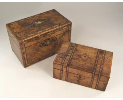 TEA CADDY ETC. A Victorian tea caddy, inlaid with brass & mother of pearl & one other box.