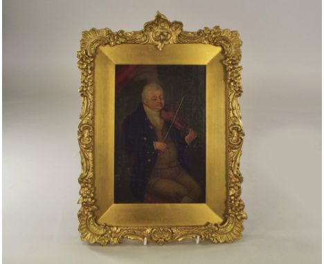 NAIVE PORTRAIT. An early 19th century naive portrait of a violin player. Oil on board, unsigned. 19 x 13cm.