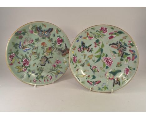 CHINESE ENAMEL. A pair of Chinese porcelain plates, enamelled on a celadon ground. Character mark to base. 26cm.