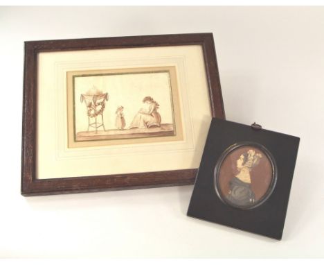 MINIATURE PORTRAIT.An early 19th century print of a fashionable young lady, later heightened with colour. Portrait, 8 x 7cm o