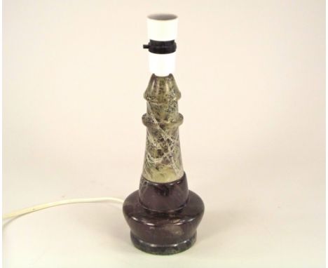 SERPENTINE. A red & grey turned Cornish serpentine lamp base. Full height 29cm.