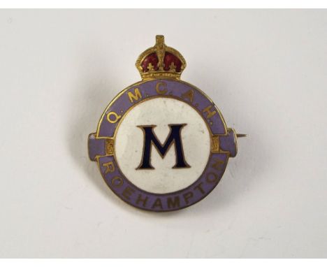 NURSING BADGE. A WWI Queen Mary Convalescent Auxiliary Hospital, Roehampton enamel badge. Named M. Bathgate, January 1918, Th