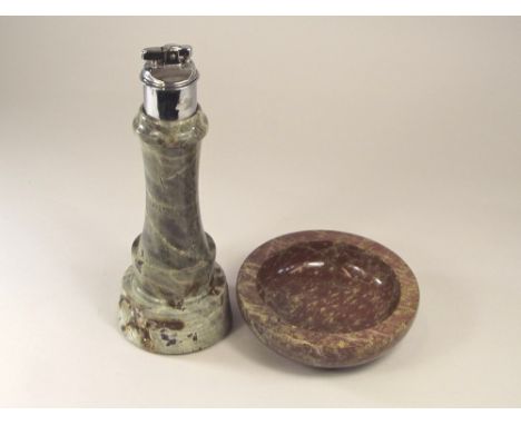 SERPENTINE.A turned grey Cornish serpentine lighthouse table lighter, height 16cm & a Cornish serpentine bowl.