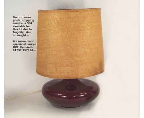 LEWY LAMP. A 1960s ceramic lamp base by Lewy with original hessian shade. Height 59cm.