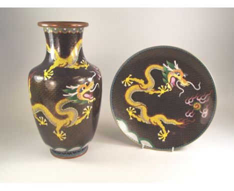 CLOISONNE.A 20th century Chinese cloisonne vase, dragons chasing the flaming pearl, height 32cm & a matching dish, 26.5cm.