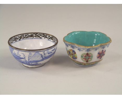 CHINESE ENAMEL. A Chinese Canton blue & white enamelled tea bowl, 6.5cm & a porcelain tea bowl.