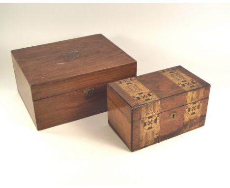 TEA CADDY ETC. An inlaid tea caddy & a mahogany box (for restoration).