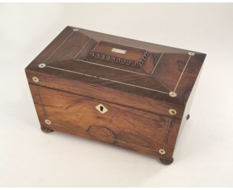 TEA CADDY. A mother of pearl & inlaid rosewood tea caddy (One interior handle missing). 15x12x13cm.