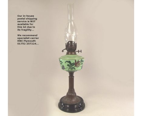 OIL LAMP. A 19th century oil lamp with painted fount & brass column. Height 65cm.