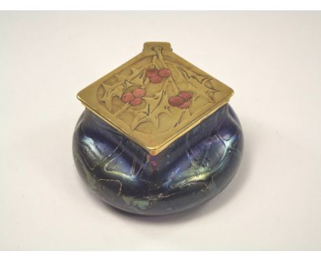 LOETZ GLASS INKWELL. An early 20th century Loetz Kralik type glass inkwell with Secessionist holly design mixed metals cover,