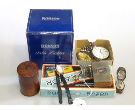 9ct gold ring, watchmaker's tools, boxed Ronson lighter, etc