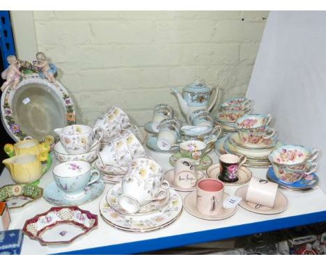 Cherub and floral framed mirror, Noritake, Foley and other teaware, Susie Cooper coffee cans and saucers, etc