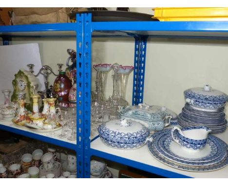 Blue and white dinnerware, pottery vases, clock, trinket sets, silver plate and glassware including decanters, vases, etc