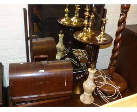 Twist column standard lamp, vintage Singer hand sewing machine, mahogany tripod wine table, onyx table lamp and three brass c